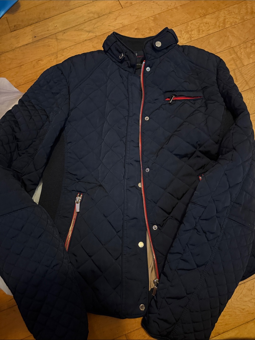Zara Navy Quilted Puffer Jacket with Red Trim Zippers